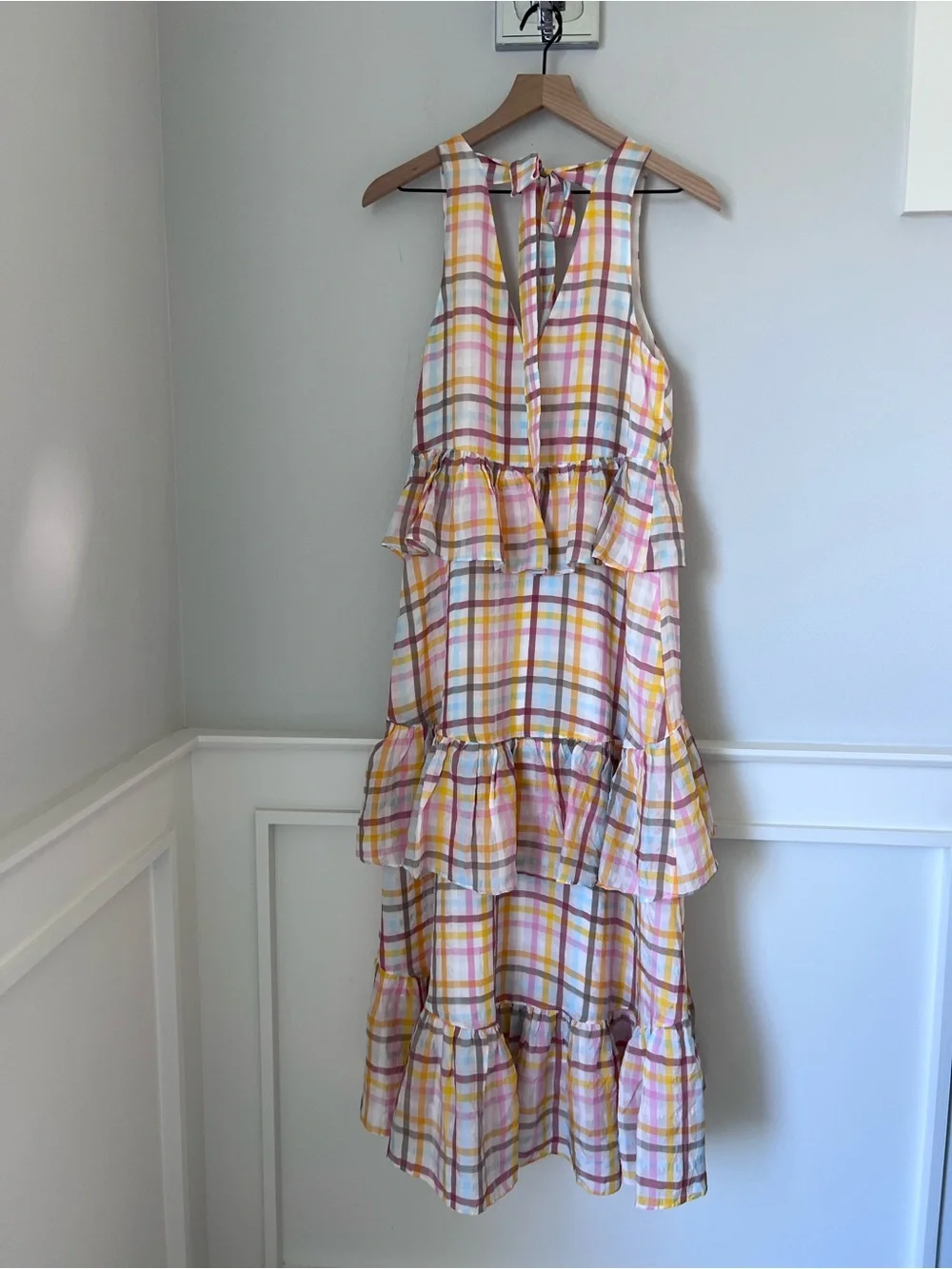 cinq a sept Pastel Plaid Tiered V-Neck Maxi Dress in Yellow and Pink - Picture 5 of 11